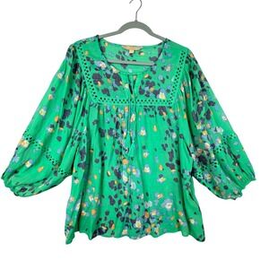 Hope & Harlow 2X Woman Green Floral Abstract Balloon Sleeve Tassel Boho Blouse